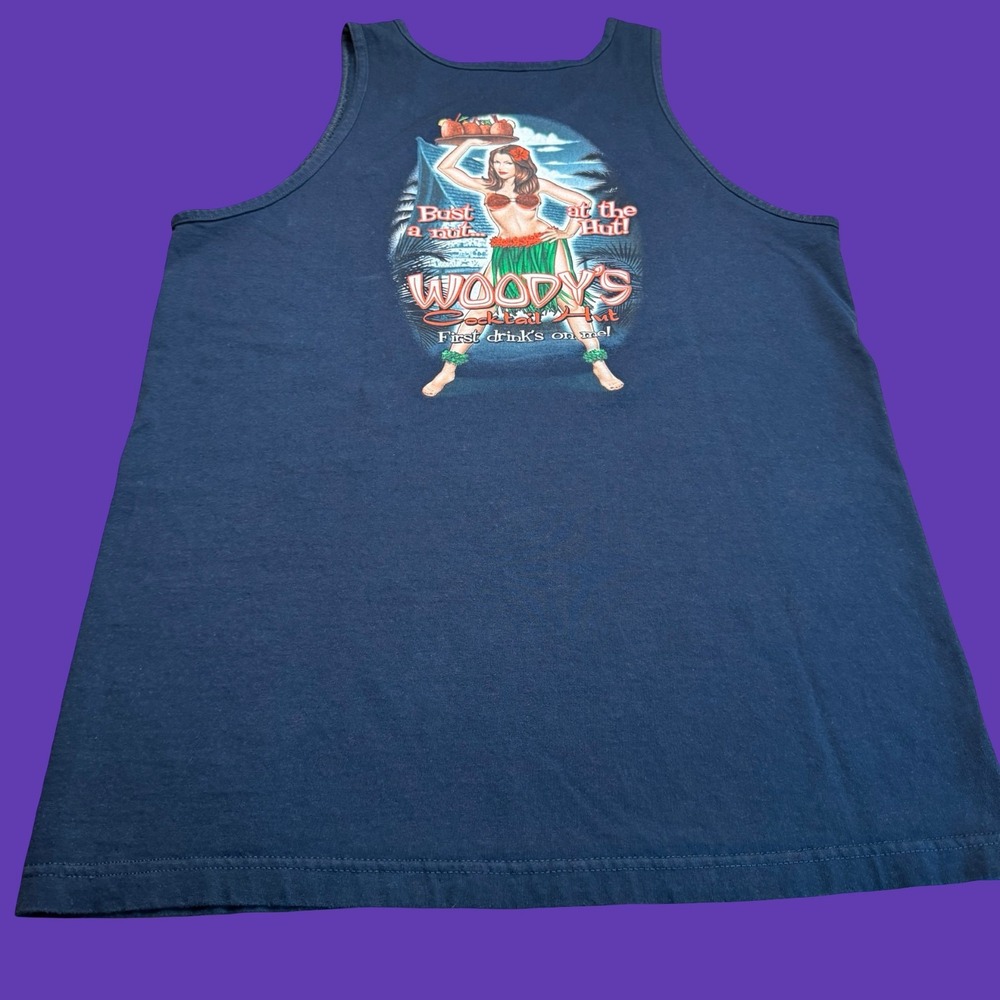 Woody's Cocktail Hut Hawaii Tank Top Large Black Hula Girl 2 Sided Graphic Y2K